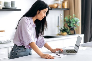 Güzel esmer Asyalı kız, serbest çalışan, tasarımcı ya da şirket CEO 'su, şık kıyafetler giymiş, masanın yanındaki mutfakta duruyor, online iş için dizüstü bilgisayar kullanıyor, bilgi tarıyor, gülümsüyor.