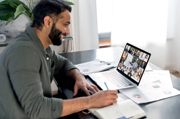 Brainstorming Briefing Business Webinar Smart Man Sit Table Uses Laptop Stock Photo