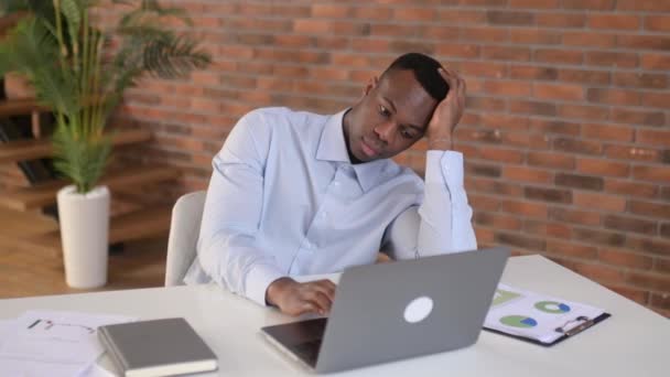 Upset Bored African American Man Freelancer Specialist Works Office Sitting — Video