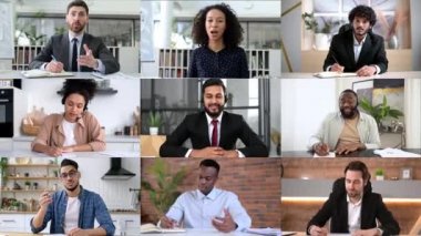 Çeşitli insanlarla çevrimiçi video konferansı. Farklı yaşlarda, başarılı gülümseyen kadın ve erkeklerden oluşan çok ırklı bir grubun kolajı, online beyin fırtınası yapmak ve projeyi tartışmak için bir araya geldi.