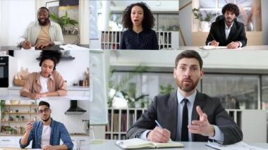 Video konferansına katılan farklı uluslardan insanların kolajı, webinar, notlar alıyor. Bir uygulama kullanarak çevrimiçi bir konferansı dinlerken başarılı insanlardan oluşan bir grup