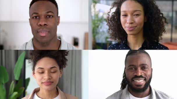 一个快乐而积极的非洲裔美国人 男人和卷发女人的结合体 带着坦诚友好的微笑看着摄像机 不同国籍的平等 深色皮肤的人的脸 — 图库视频影像