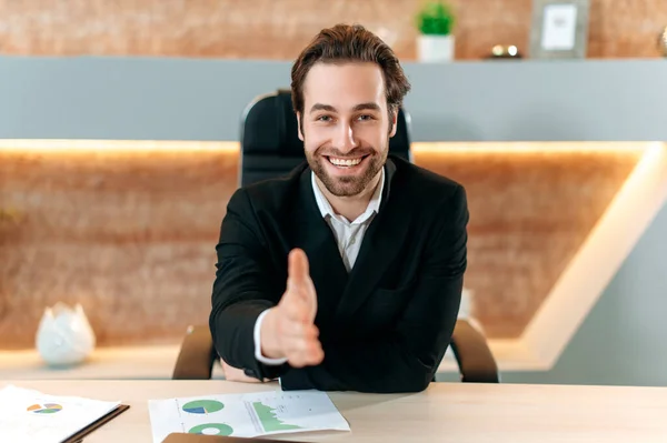 Positive Successful Confident Caucasian Businessman Suit Sitting Desk Office Holding — Foto de Stock