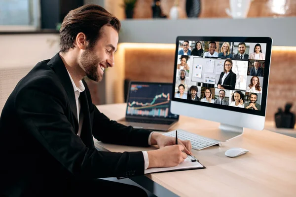 Remote Business Briefing Brainstorming Positive Caucasian Male Manager Ceo Participates — Stockfoto