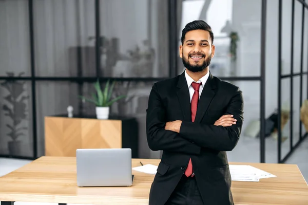 Positive Handsome Confident Successful Indian Arabian Businessman Suit Male Entrepreneur — Foto de Stock