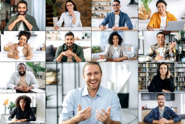Caucasian positive friendly male mentor, leader, holding an online video conference with a group of multiracial colleagues, discussing the future opportunities of the company, a new startup, a project