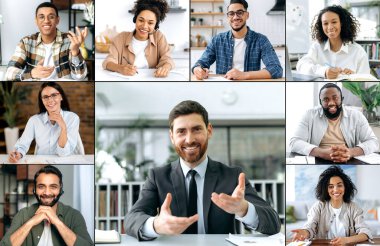Successful colleagues of different nationalities are having a group brainstorming session. Caucasian confident smart, company ceo, holding a virtual meeting, talking with employees by video conference