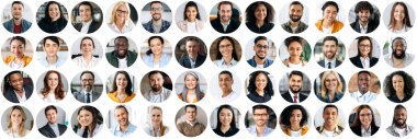 Collage of a lot of happy multiracial people looking at the camera. Many smiling multiethnic faces of successful business people on a screen of computer or laptop. Video conference concept