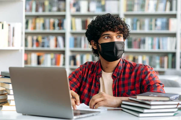 Indian Arabian Male Student Medical Protective Mask His Face Sits — Fotografia de Stock