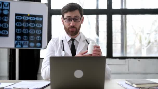 Male Therapist Conducts Video Consultations Communicates Patient Conference Call Laptop — Vídeo de stock
