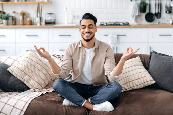 Relaxation Meditation Concept Happy Peaceful Relaxed Indian Arabian Man Casual —  Fotos de Stock