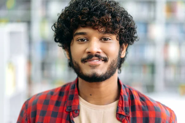 Close Photo Handsome Positive Curly Haired Indian Arabian Guy Casual — Fotografia de Stock