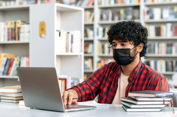 Concentrated Indian Arabian Male Student Black Medical Protective Mask His — Fotografia de Stock