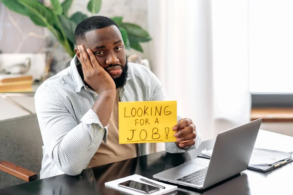 Sad Unhappy Unemployed African American Man Sit Desk Office Lost — 스톡 사진