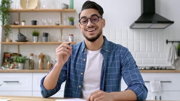 Friendly Positive Arabian Indian Modern Guy Clever Student Freelancer Glasses — Stok video