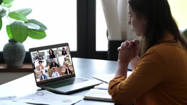 Virtual Meeting Caucasian Successful Woman Sit Office Having Online Financial — Vídeos de Stock