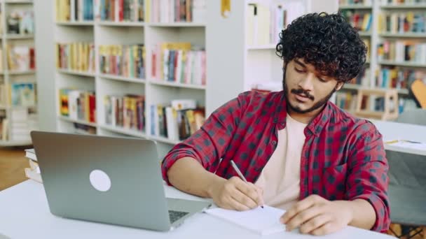 Focused Clever Arabian Indian College Student Sits Table Laptop University — 비디오
