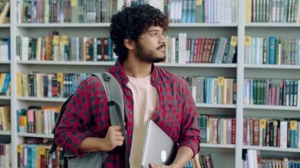 Happy Confident Indian Arabian Male Student University Stylish Wear Backpack — Vídeo de stock