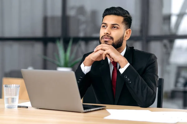 Pensive Successful Influential Businessman Indian Arabian Ethnicity Sits Table Office — Fotografia de Stock