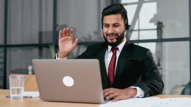 Successful Confident Indian Arabian Businessman Company Ceo Headset Look Laptop — Vídeo de Stock