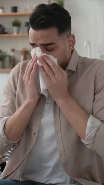 Vertical Video Unhappy Sad Indian Arabian Guy Suffering Fever Flu — Videoclip de stoc