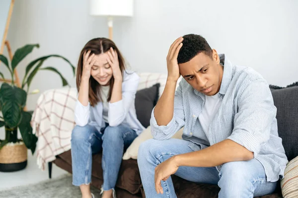 Quarrel Resentment Each Other Annoyed Sad Spouses Multiracial Couple Sitting — Foto de Stock