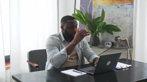 Sad Exhausted African American Young Man Company Employee Sitting Desk — Stok video