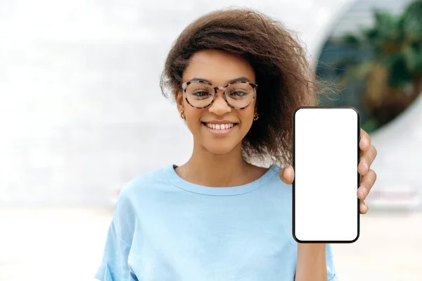 Trendy Positive Lovely Mixed Race Young Curly Haired Woman Glasses — Stockfoto
