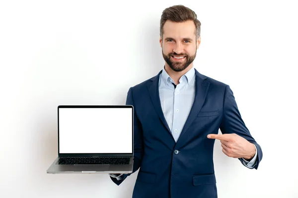 Positive Caucasian Bearded Business Man Suit Programmer Specialist Holding Open — Stock Photo, Image