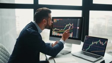 Odaklanmış zeki beyaz erkek borsacı, borsacı, çalışma masasında oturur, bilgisayar ve dizüstü bilgisayar kullanır, risk ve beklentileri analiz eder, kripto para artışı veya düşüşü