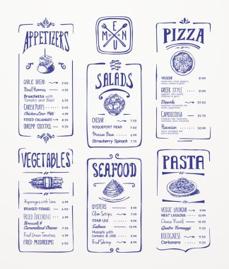 Menu template. Blue pen drawing. Appetizers, vegetables,salads, seafood, pizza, pasta.