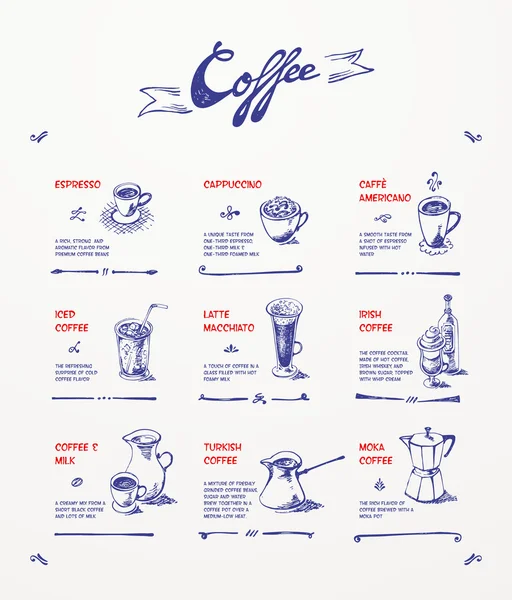Coffee menu. Blue pen drawings — Stock Vector