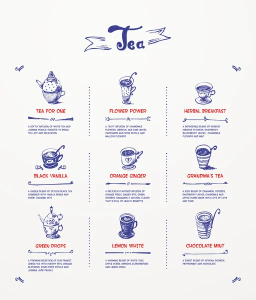 Herbata z menu. rysunek piórkiem niebieski — Wektor stockowy