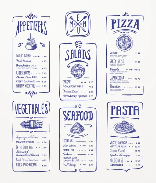 Plantilla de menú. Dibujo azul. Aperitivos, verduras, ensaladas, mariscos, pizza, pasta . — Vector de stock