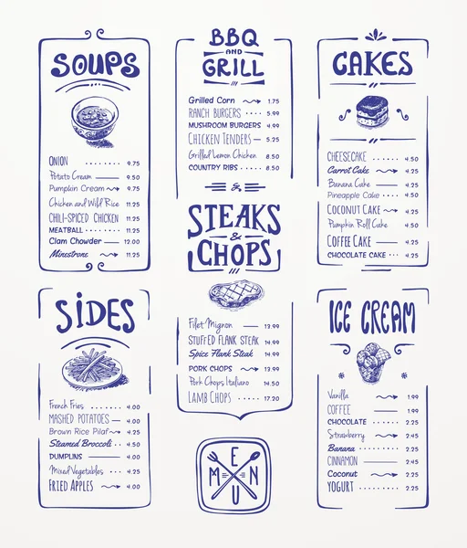 Modelo de menu. Desenho de caneta azul. Sopas, lados, bbq & grill, bifes e costeletas, bolos, sorvete — Vetor de Stock