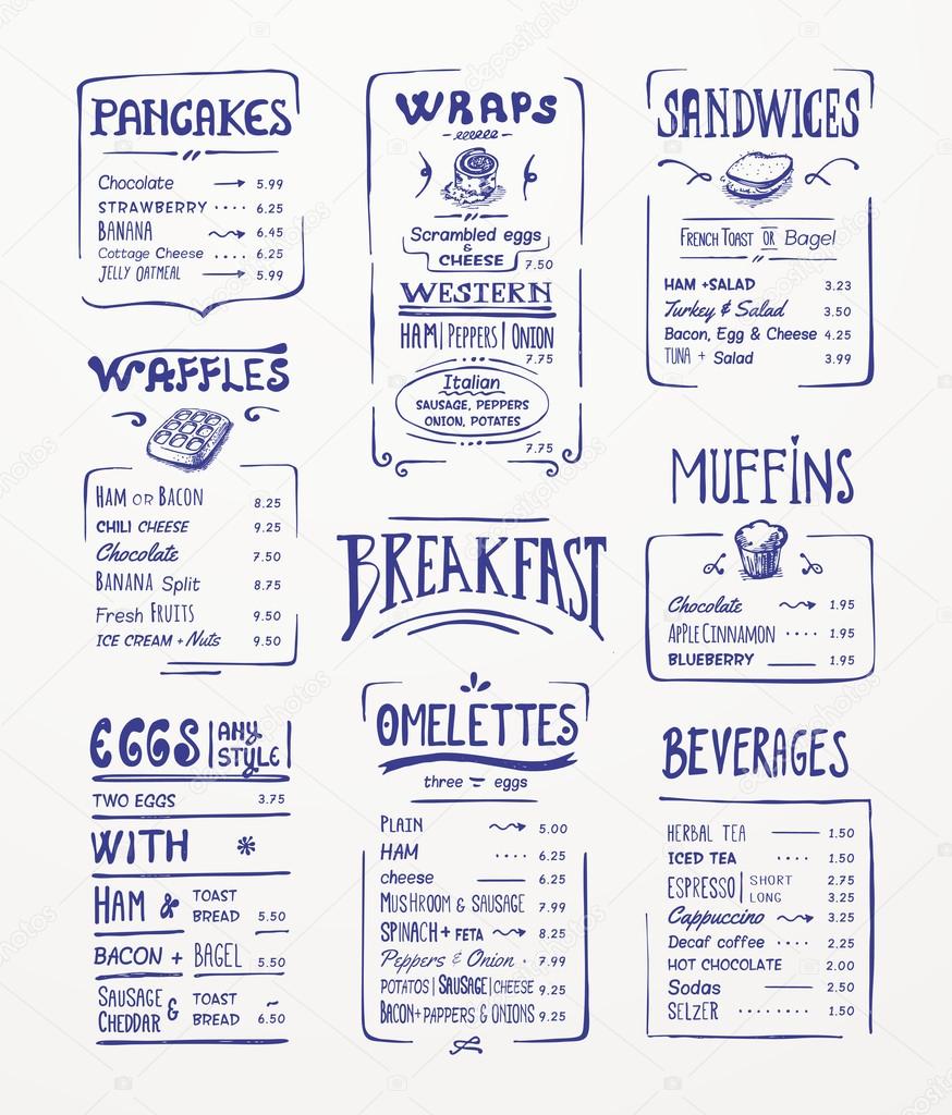 Breakfast menu. Blue pen drawing