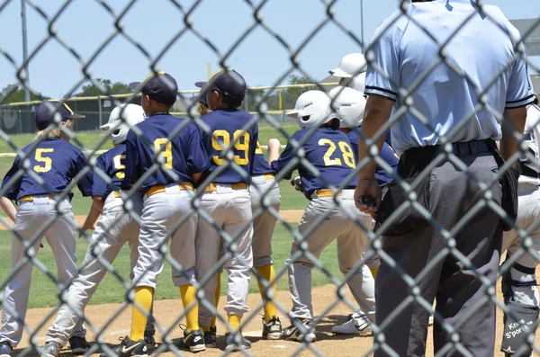 Pequena equipe de beisebol da Liga no home plate Imagens De Bancos De Imagens Sem Royalties