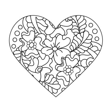 Yetişkinler ve büyük çocuklar için boyama kitabı. Kalp. Çiçeklerle çizilmiş bir süs. Sevgililer Günü tebrik kartı ve diğer tatiller için vektör monokrom Doodle arkaplanı.