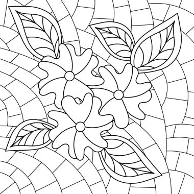 Yetişkinler ve büyük çocuklar için boyama kitabı. Soyut bir arkaplanda el çizimi çiçekler. Lekeli cam pencere. Vektör tek renkli