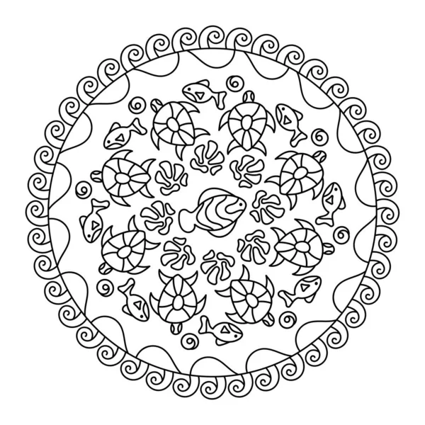 Livre de coloriage Mandala pour les enfants avec des tortues de mer et des poissons. Illustration vectorielle en rond. — Image vectorielle