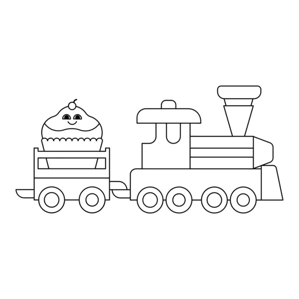 Omalovánky pro děti. Cartoon Cupcake projíždí vlakem. Vektorová ilustrace pro děti — Stockový vektor