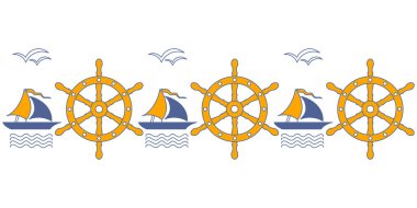 Vektör sınırı, yelkenli yatı, martılar ve direksiyon. Mavi ve beyaz