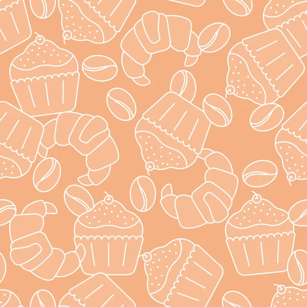 无缝图案 蛋糕羊角面包咖啡豆 包装材料的矢量背景 — 图库矢量图片