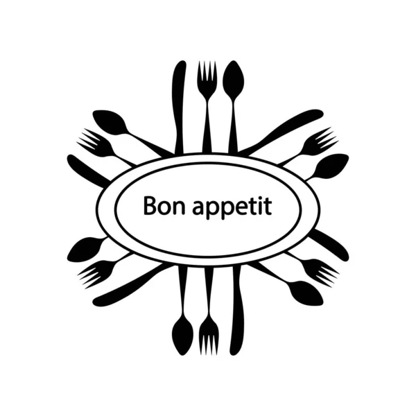 Bon Appetit Nádobí Příbory Pro Návrh Menu Vektorová Ilustrace Černá — Stockový vektor