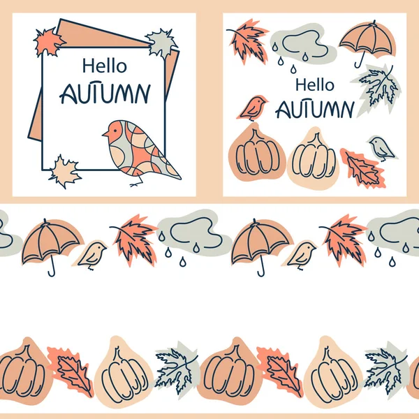 Set Cartoon Autumn Templates Copy Space Pumpkin Leaves Birds Umbrella — Stock Vector