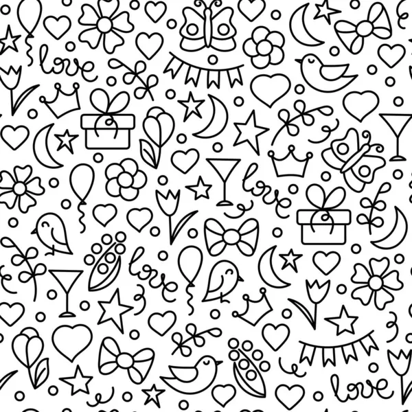 Doodle Mão Desenhado Padrão Sem Costura Palavras Amor Corações Flores — Vetor de Stock