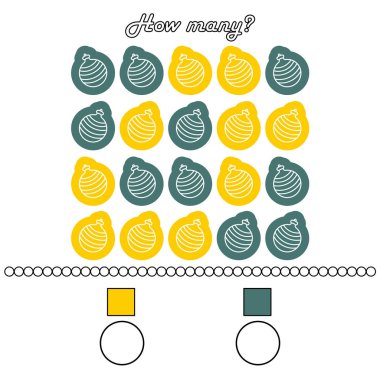 Anaokulu çocukları için bir oyun. Resimde mümkün olduğunca çok Noel süslemesi topunu aynı renkte sayın. Sonucu yaz. El çizimi vektör illüstrasyonu, iki renk.