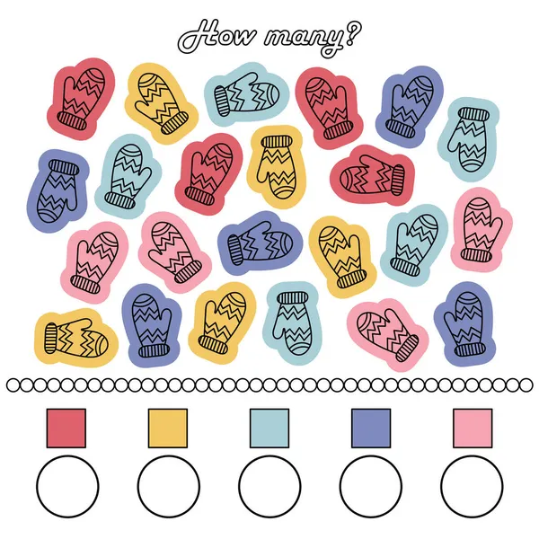 就学前の子供のためのゲーム 絵の中で同じ色のできるだけ多くのミトンを数える 結果を書きなさい 手描きカラーベクトルイラスト — ストックベクタ