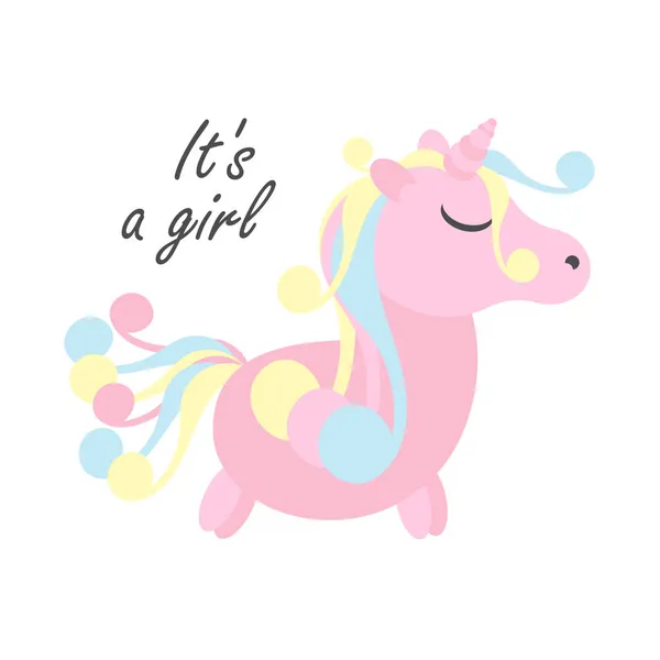 Lindo unicornio rosa. Diseño de fiesta para el primer recién nacido, tarjeta de felicitación vectorial para la fiesta de cumpleaños del niño. — Vector de stock