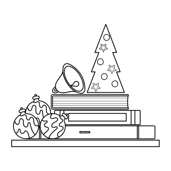 Omalovánky pro dospělé a starší děti. Police na knihy s vánočními stromky, zvonečky a dekoračními koulemi. Ručně kreslená černobílá vektorová ilustrace — Stockový vektor